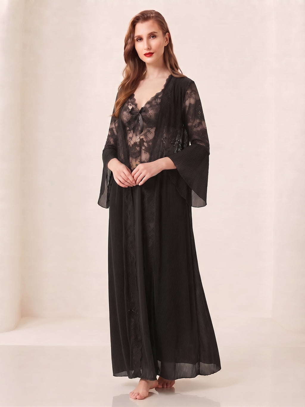 Lace & Pleated Long Robe Nightwear Set