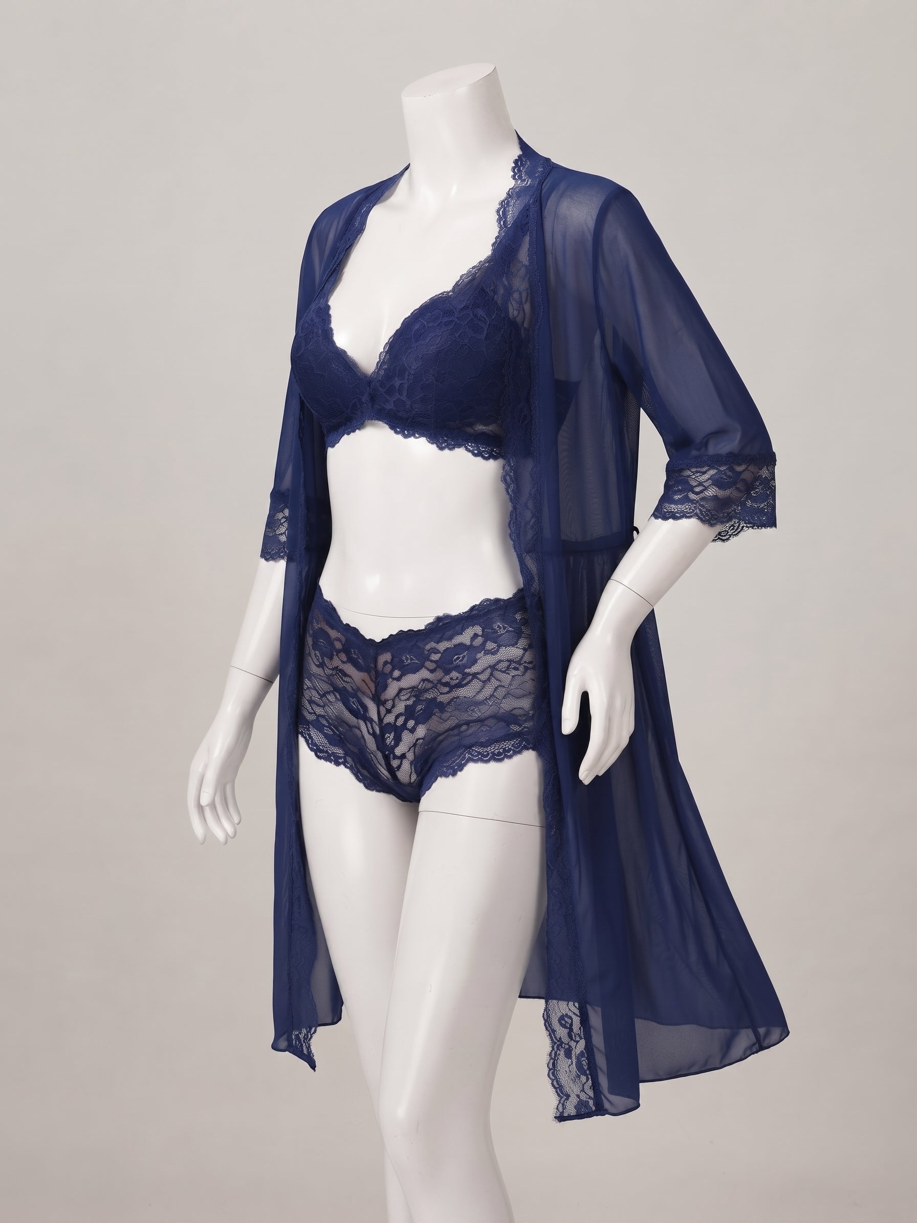 3-Piece Sheer Floral Lace Lingerie Set with Robe