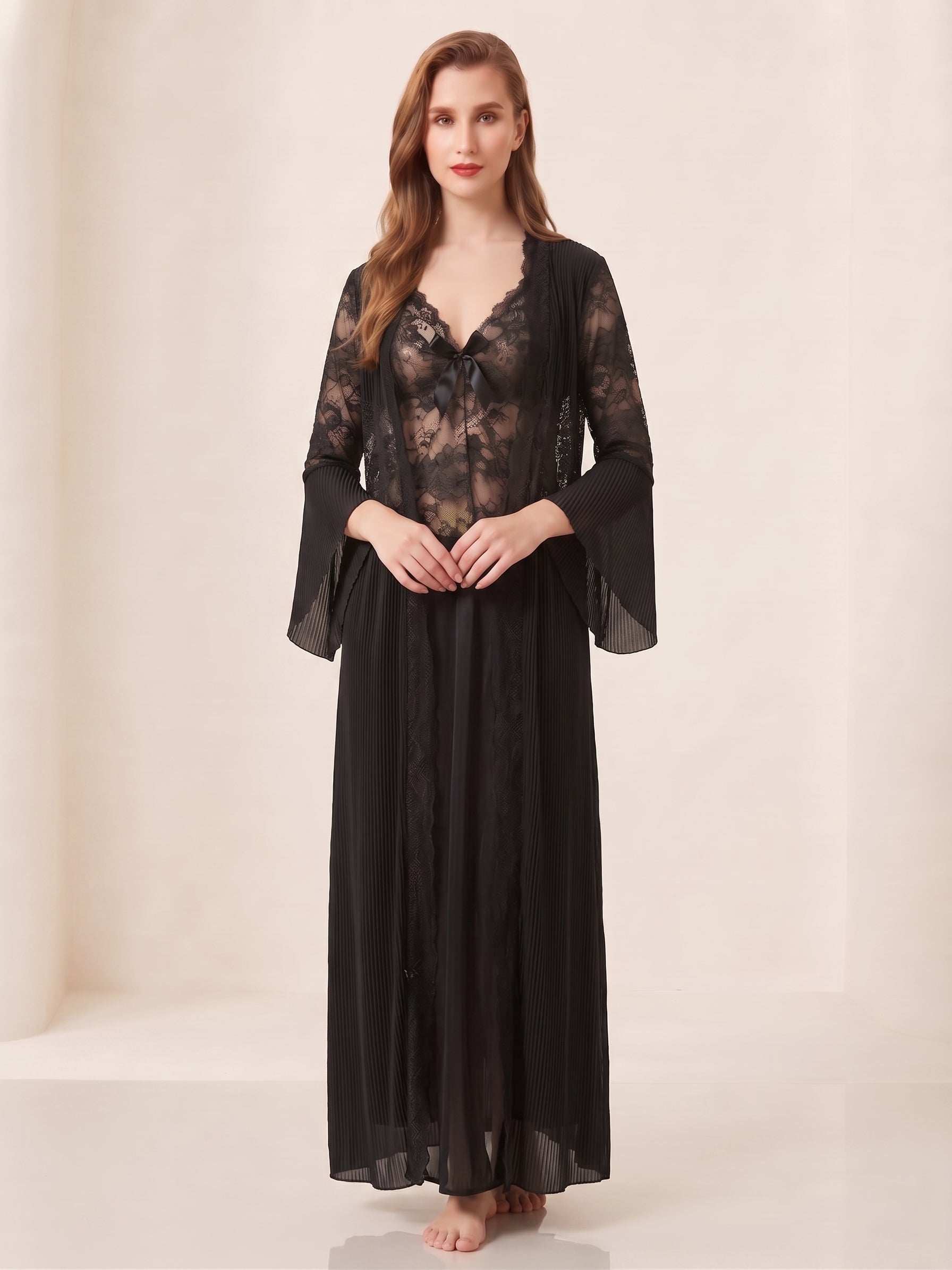 Lace & Pleated Long Robe Nightwear Set