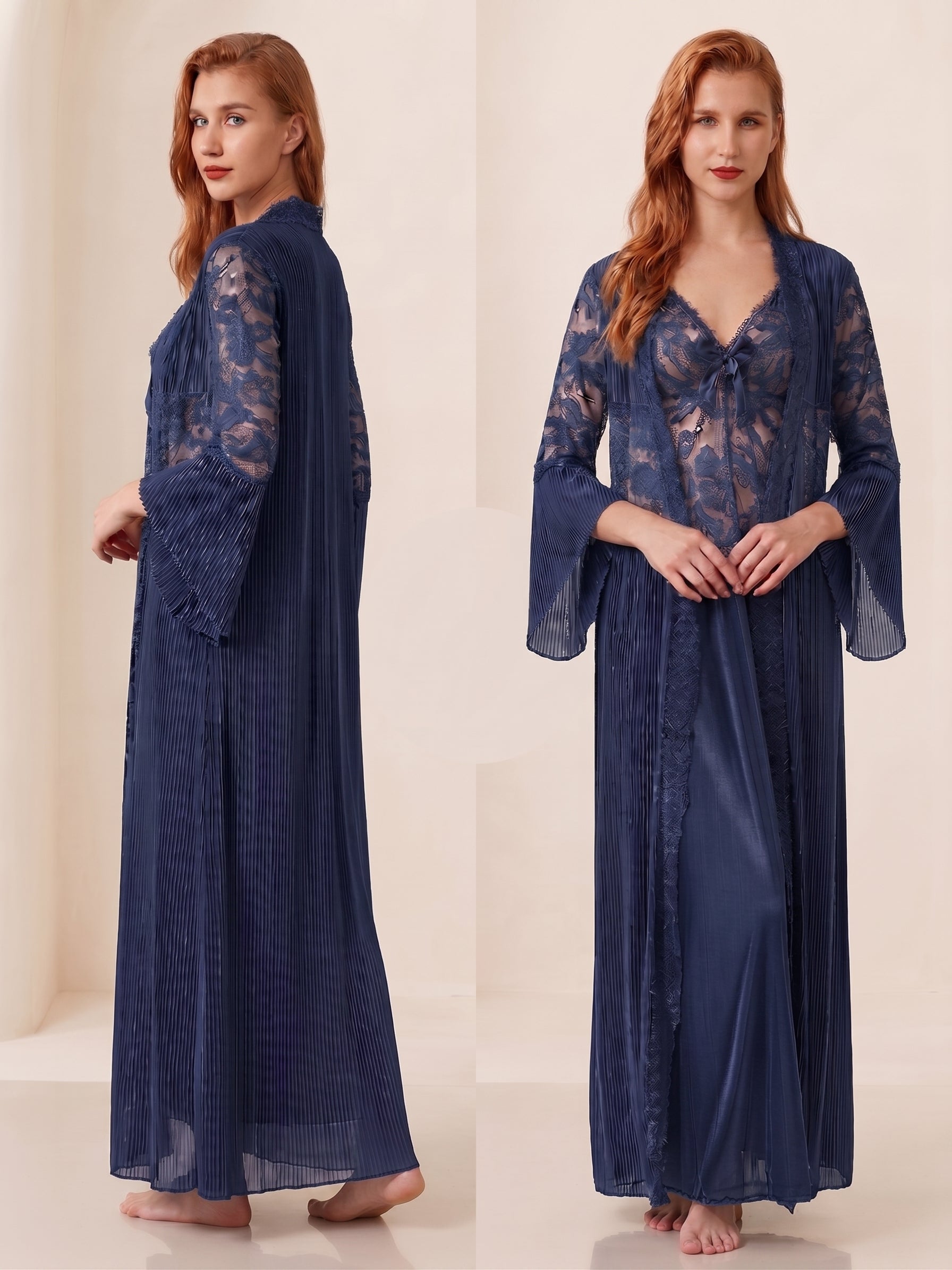 Lace & Pleated Long Robe Nightwear Set