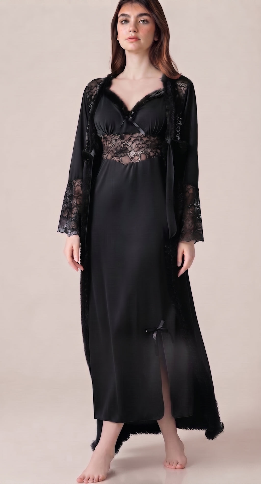 Satin & Lace Long Robe Nightwear Set